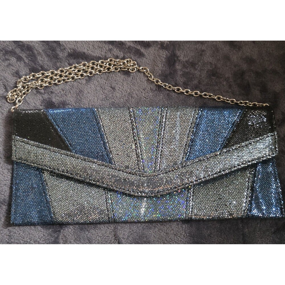 EVENING Black Blue Iridescent Glitter CLUTCH BAG ChainStrap MagneticClose EuC